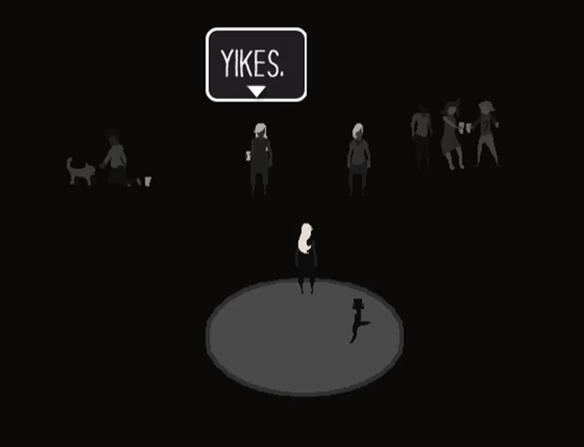 Image of two characters in a spotlight with multiple characters in the darkness with dialogue: 'Yikes.'